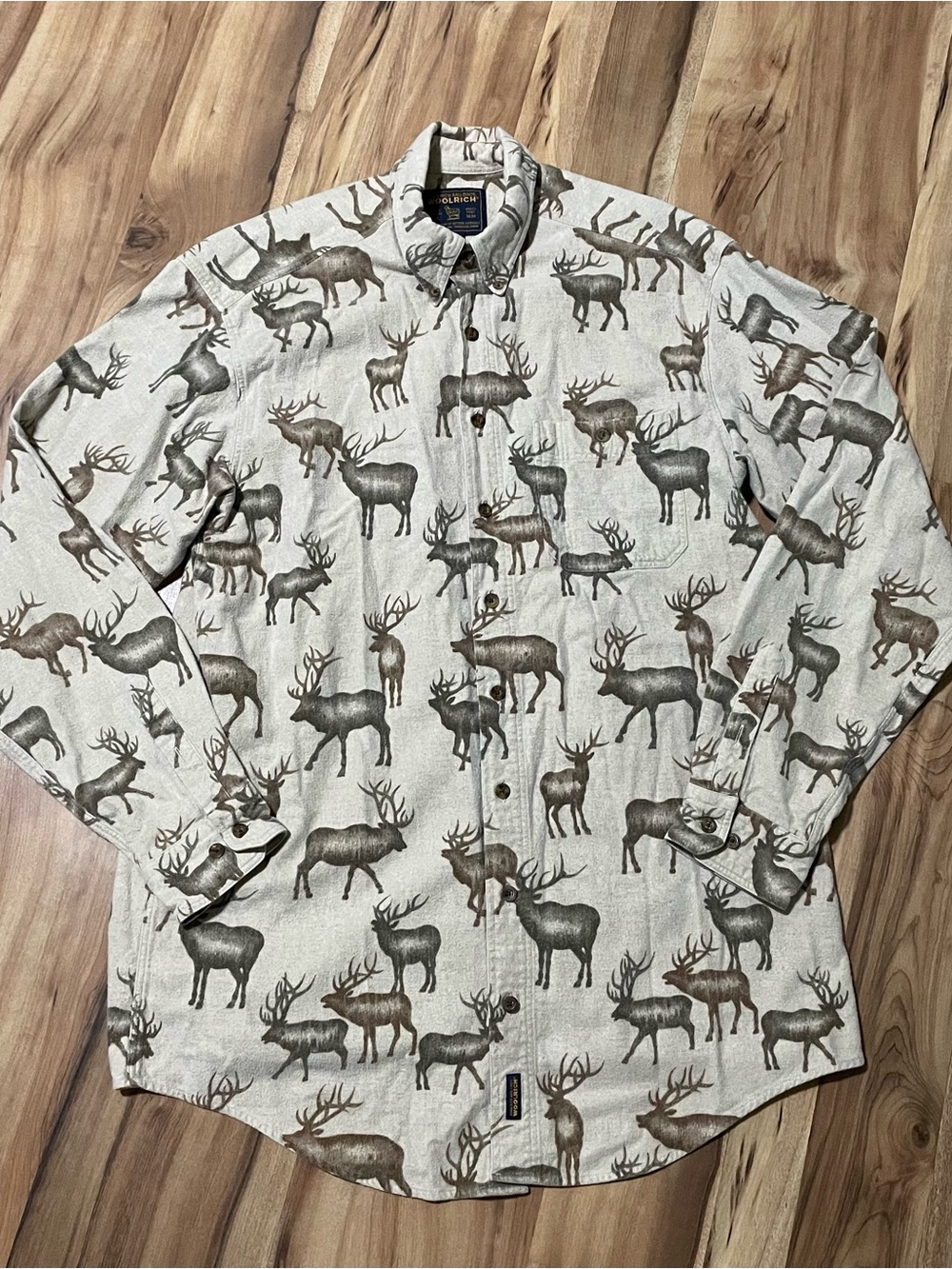 Woolrich Elk Wildlife All Over Print Flannel Shirt Ivory Beige Long Sleeve LT